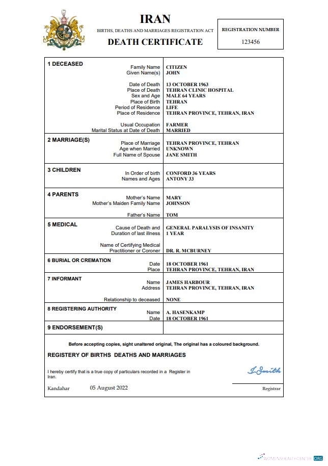 Download Iran death certificate Word and PDF template Photoshop template
